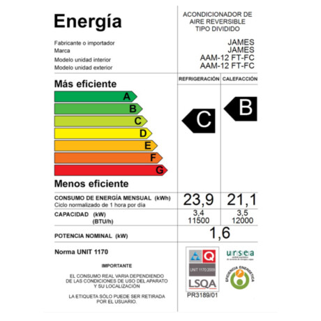 AIRE ACONDICIONADO JAMES 12000-BTU ON/OFF AAM-12 FT-FC
