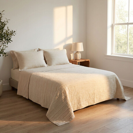 SET CUBRECAMA 2 PLAZAS ALGODON NATURAL-BEIGE COTTON STRIPE ARENA