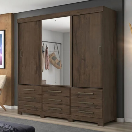 ROPERO 3 PUERTAS CORREDIZAS CON ESPEJO 9 CAJONES GUARDARROPA ARMARIO PLACARD CLOSET COLOR MADERA