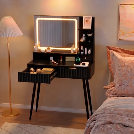 TOCADOR MAQUILLAJE MODERNO ESPEJO LUZ LED + ENCHUFE 3 CAJONES REPISAS ORGANIZADORAS PATAS METÁLICAS NEGRO