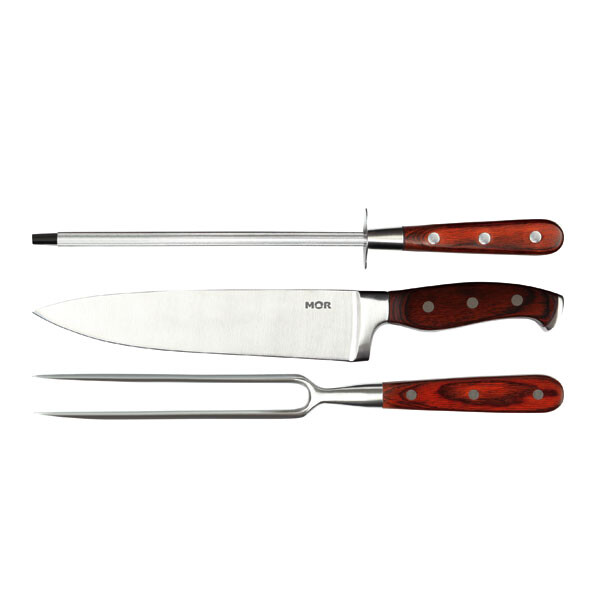 KIT ASADO PREMIUM 3 PIEZAS MANGO DE MADERA METAL