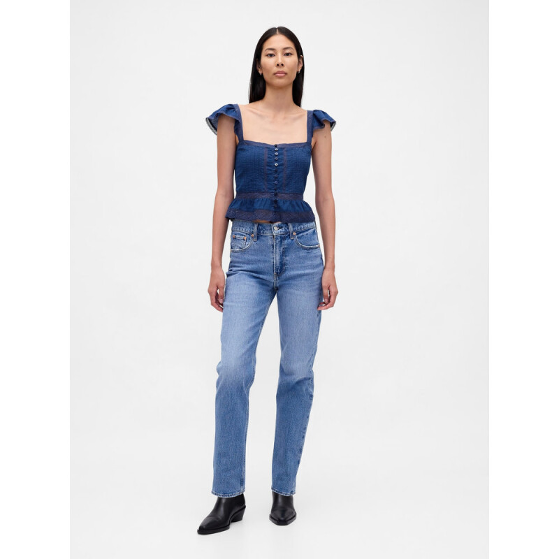 FLTR SLV SQ NK PEPLUM TOP MEDIUM WASH