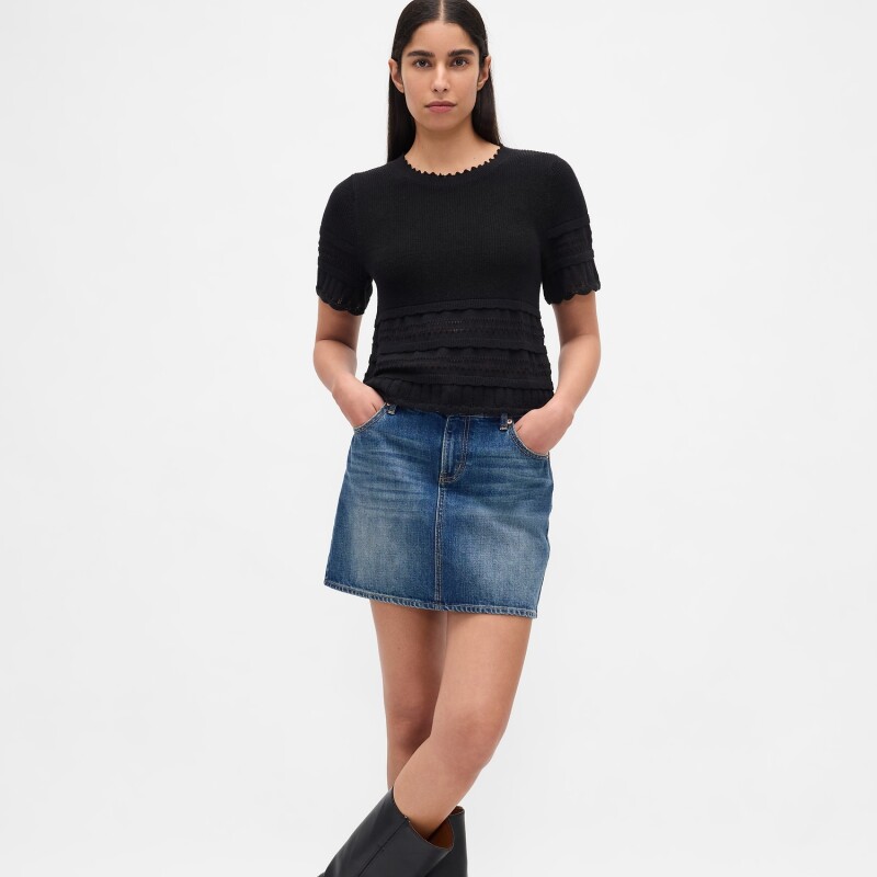 SS LINEN POINTELLE TOP BLACK