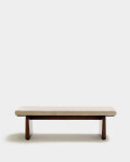 Banco Topaz de chenilla beige y madera maciza de fresno con acabado nogal 150cm FSC 100%