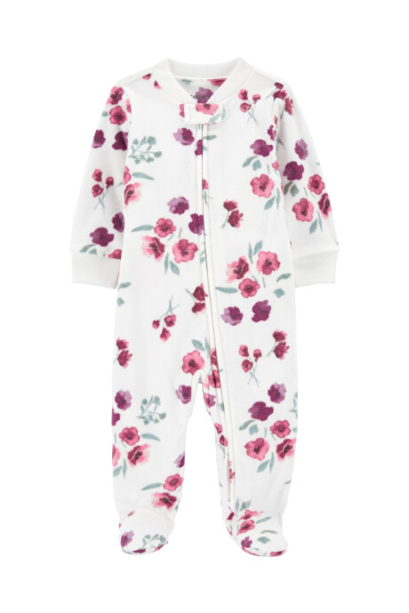 Pijama una pieza de micropolar, con pie, blanco, diseño floral. Talles 0-9M Sin color