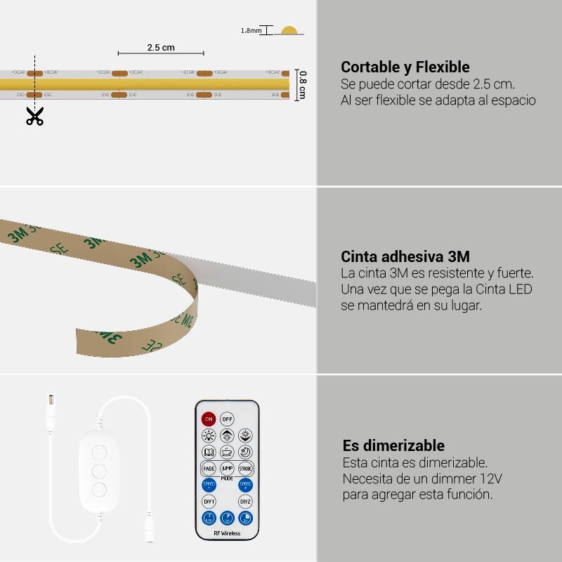 CINTA LED COB CONTINUA IP20 Cinta LED COB Continua 2700K IP20 Luz Cálida Dimerizable