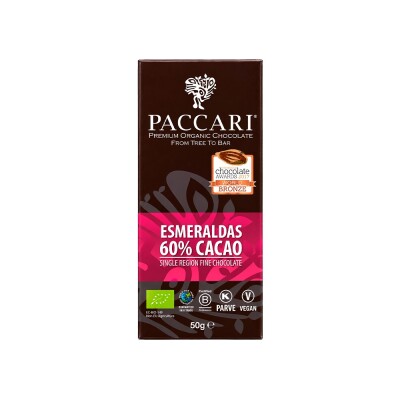 Chocolate Orgánico Cacao 60% Esmeraldas 50 g Paccari Chocolate Peccari 60% Cacao Es