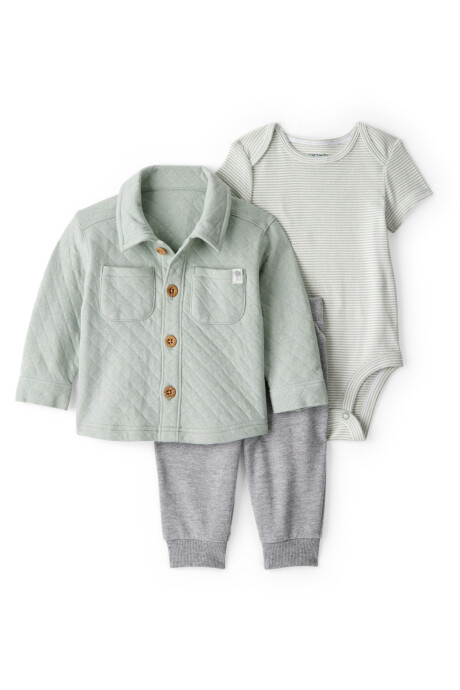 Set tres piezas de algodón, pantalón, camisa capitoneada y body Sin color