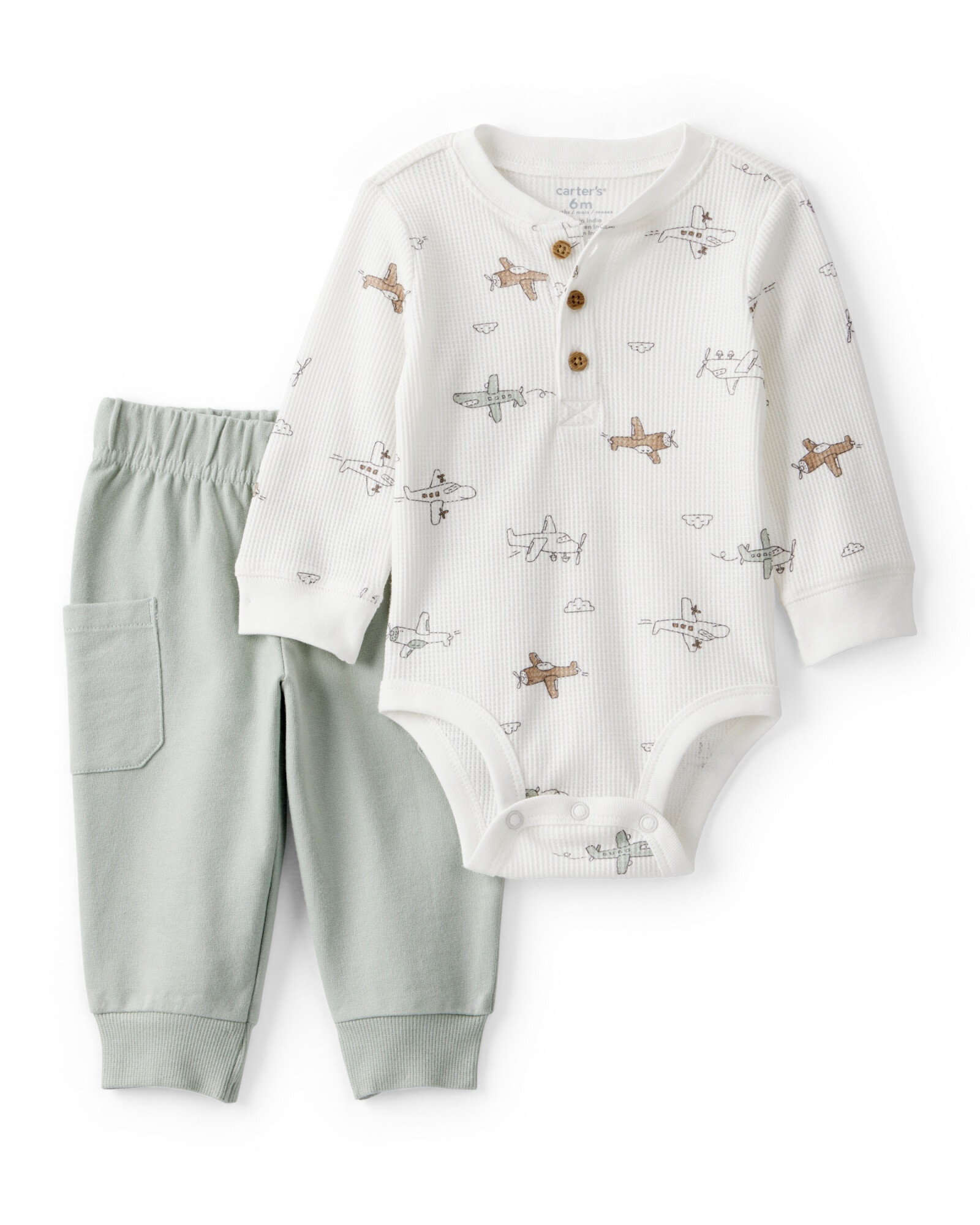 Set dos piezas de algodón, pantalón y body henley térmico, diseño aviones Sin color
