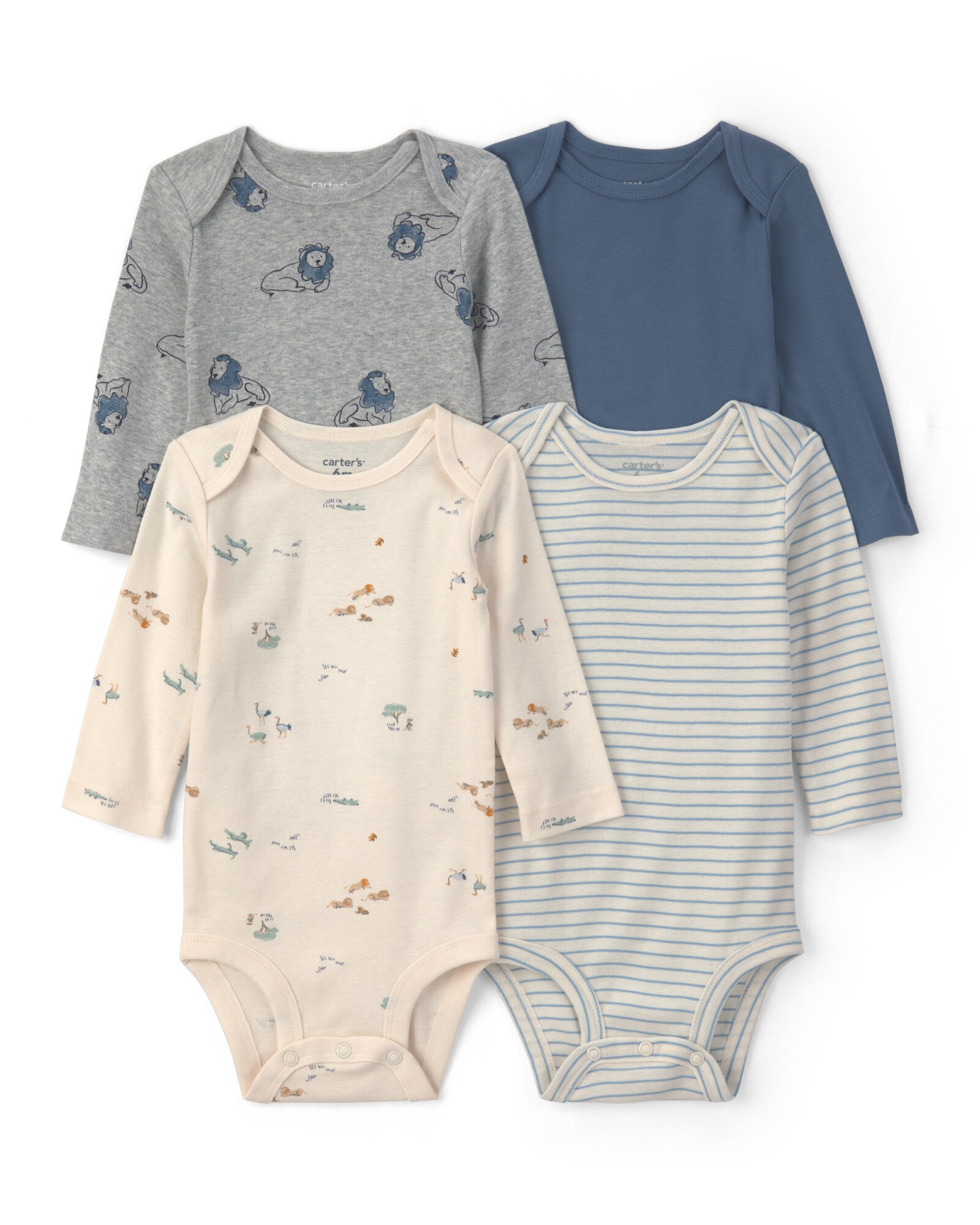 Pack cuatro bodies de algodón, manga larga, diseño leones y rayas Sin color