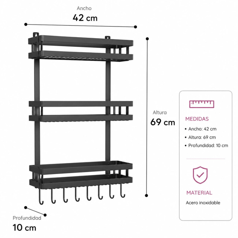 Organizador para Heladera Acero Inoxidable con 3 Estantes y Ganchos Organizador para Heladera Acero Inoxidable con 3 Estantes y Ganchos