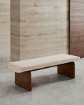 Banco Topaz de chenilla beige y madera maciza de fresno con acabado nogal 150cm FSC 100%