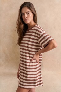 Vestido Manga Corta Rayado Chocolate