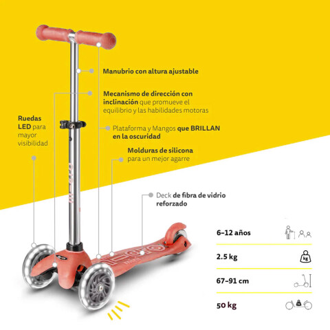 Monopatín Micro Maxi Glow LED Ajustable con 3 Ruedas ROJO