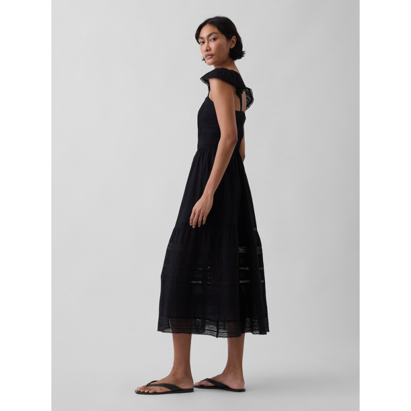 SL RUFFLE SLV LACE INSERT MAXI DRESS TRUE BLACK V2
