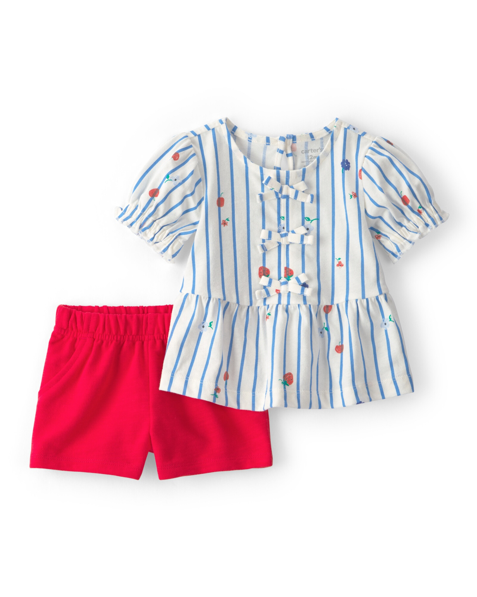 Set dos piezas de algodón, short rojo y remera blanca con rayas azules.Talles 6-24M Sin color