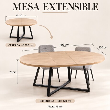 JUEGO DE COMEDOR MESA REDONDA EXTENSIBLE MADERA PATAS EN METAL + 4 SILLAS TAPIZADAS SILLAS GRISES