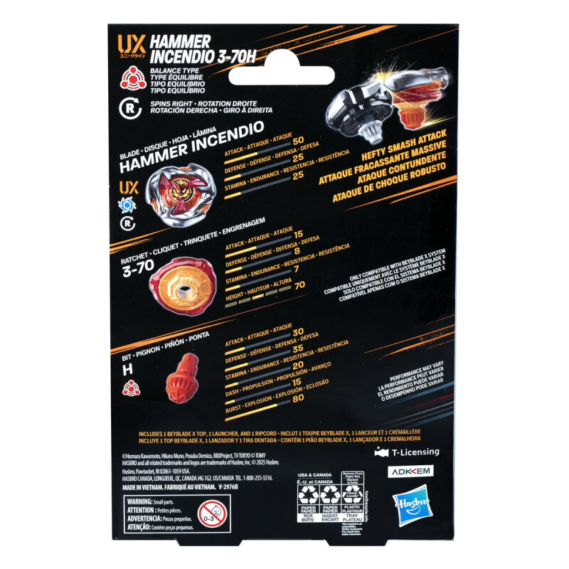 Beyblade X Xtreme Trompo + Lanzador Hasbro UX Hammer Incendio 3-70H