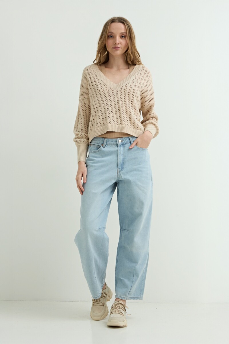 Sweater escote V calado BEIGE