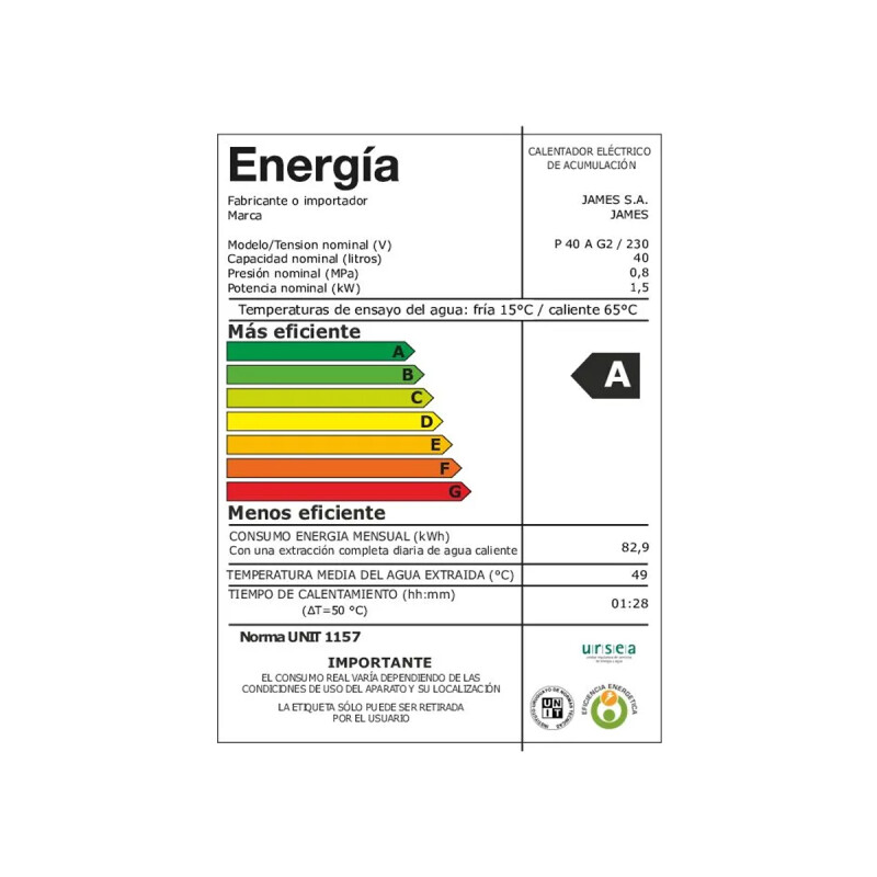 TERMOTANQUE JAMES 40 L P40 A” -G2 ACERO Cilindrico N/A
