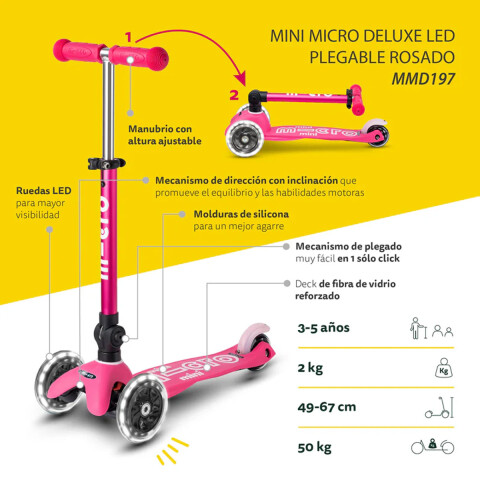 Monopatín Micro Mini Plegable Neón LED Ajustable con 3 Ruedas ROSA