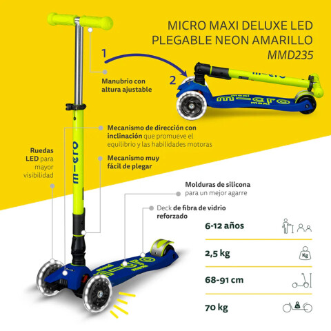 Monopatín Micro Maxi Plegable Neón LED Ajustable con 3 Ruedas AMARILLO