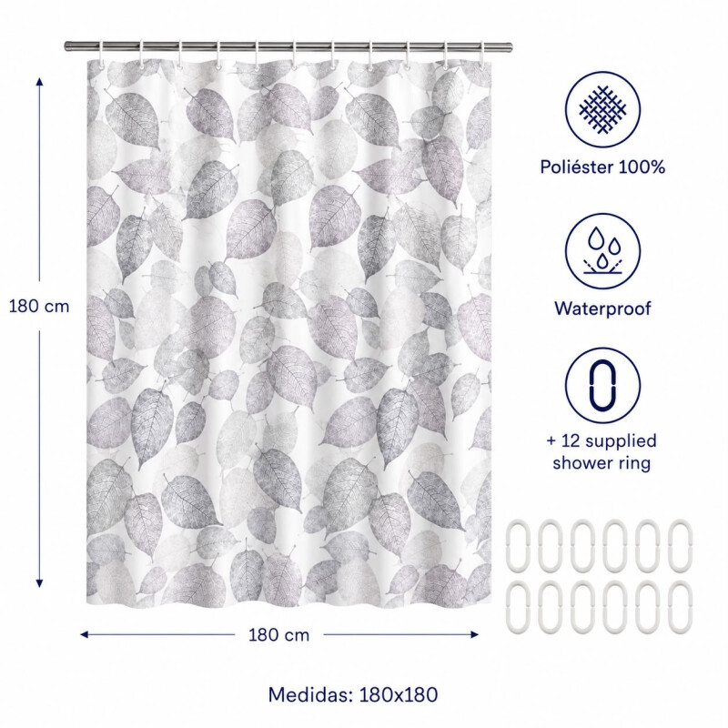 Cortina de Baño 180x180 Estampada Hojas Grises