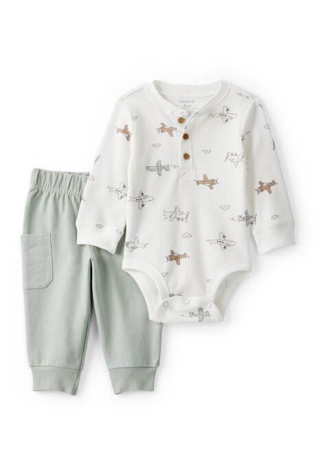 Set dos piezas de algodón, pantalón y body henley térmico, diseño aviones Sin color