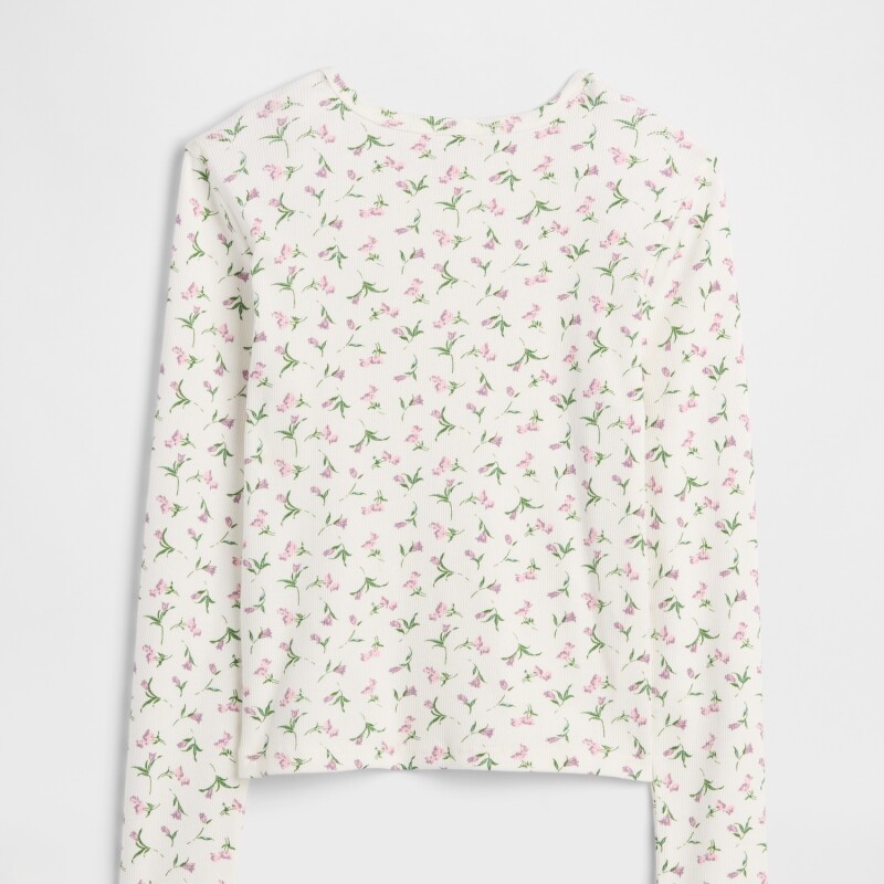 V-LS RIB TEE WHITE FLORAL PRINT