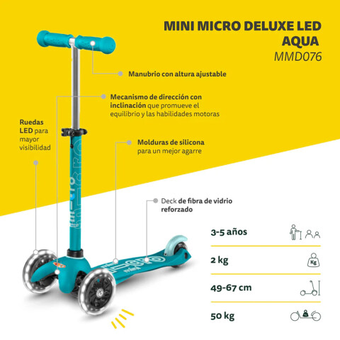 Monopatín Micro Mini Deluxe LED Ajustable con 3 Ruedas VERDE AGUA