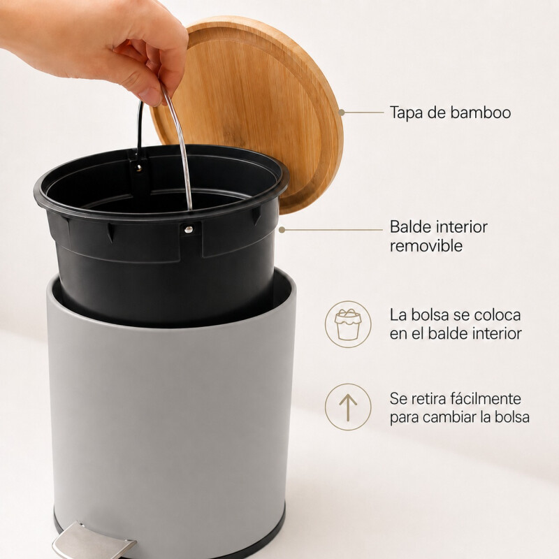 Papelera de Plástico con Tapa de Bambú 3 litros Gris