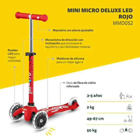 Monopatín Micro Mini Deluxe LED Ajustable con 3 Ruedas ROJO