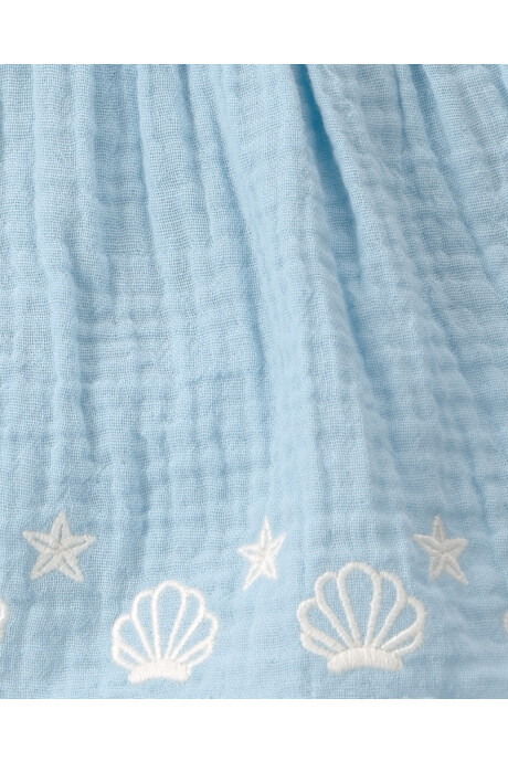 Vestido de algodón, azul, con bordado de caracolas Sin color