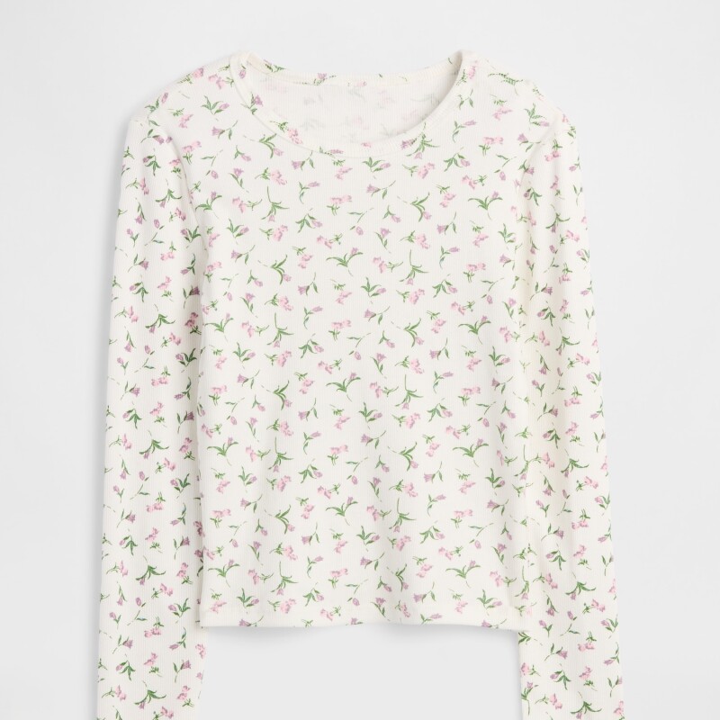 V-LS RIB TEE WHITE FLORAL PRINT