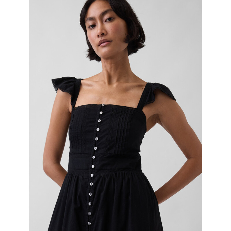 SL RUFFLE SLV LACE INSERT MAXI DRESS TRUE BLACK V2