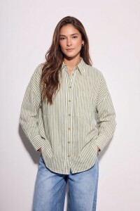 Camisa Rayada Con Lino Oliva