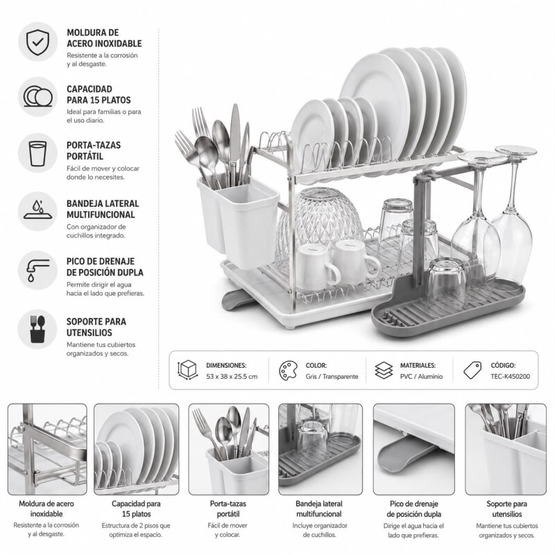Escurridor de Platos Umbra 2 Niveles con Porta Copas, Cubiertero y Drenaje 53 cm Escurridor de Platos Umbra 2 Niveles con Porta Copas, Cubiertero y Drenaje 53 cm