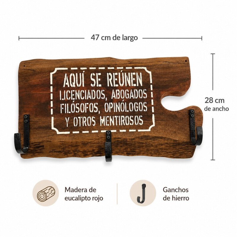 Perchero Rústico en Madera Eucalipto Rojo y Gancho de Hierro Aquí se Reunen - Chico Perchero Rústico en Madera Eucalipto Rojo y Gancho de Hierro Aquí se Reunen - Chico