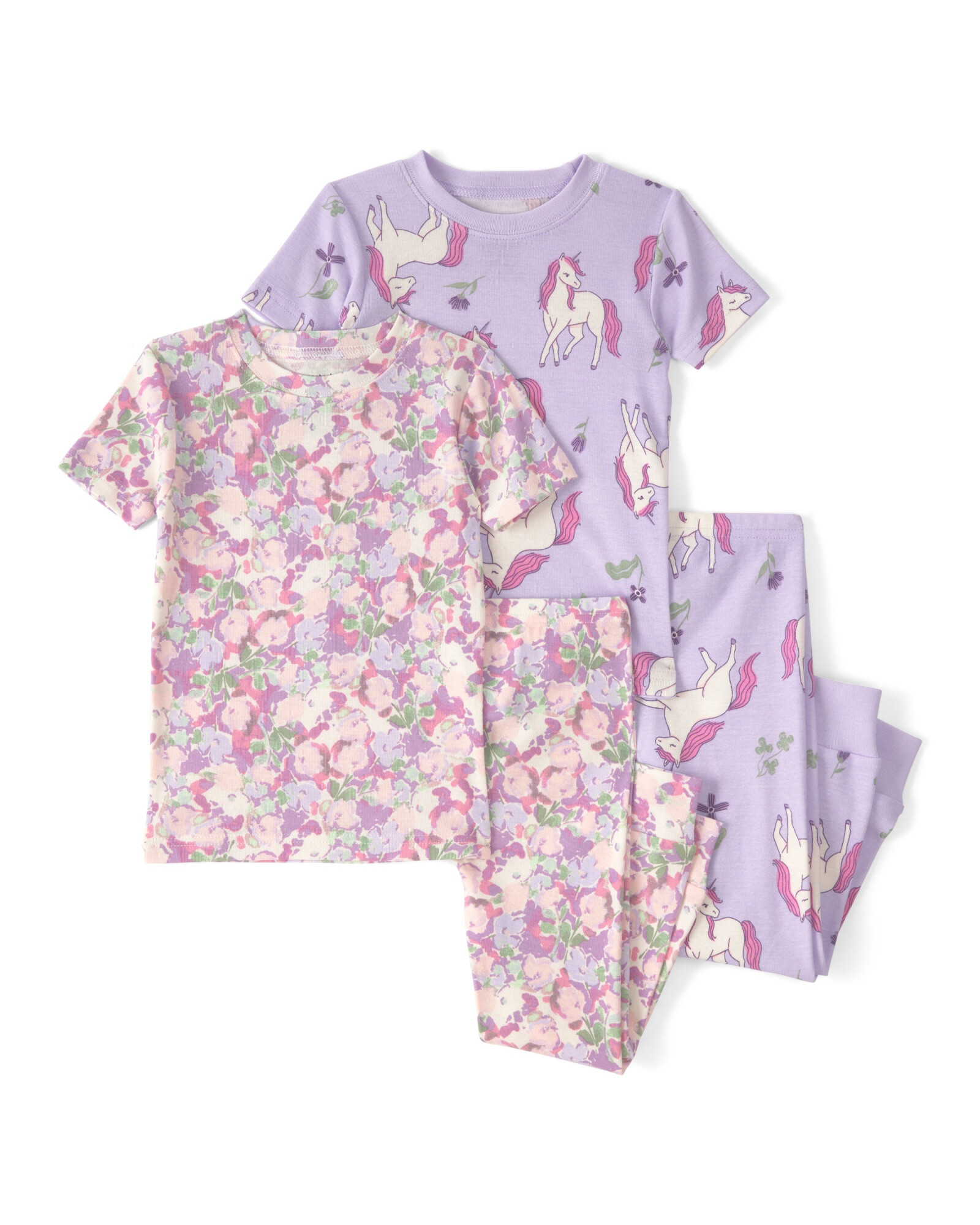 Pijama cuatro piezas de algodón, diseño unicornios y flores. Talles 2-5T Sin color
