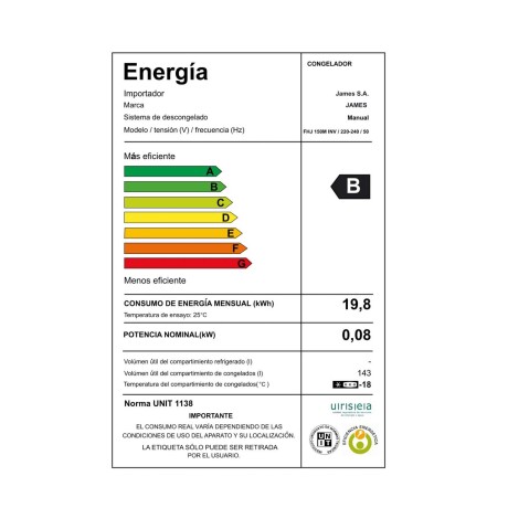 FREEZER JAMES 143L BLANCO FHJ-150 M INV FRIO HUMEDO