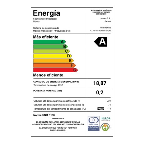 Heladera James RJ-405 inverter inox. Heladera James RJ-405 inverter inox.