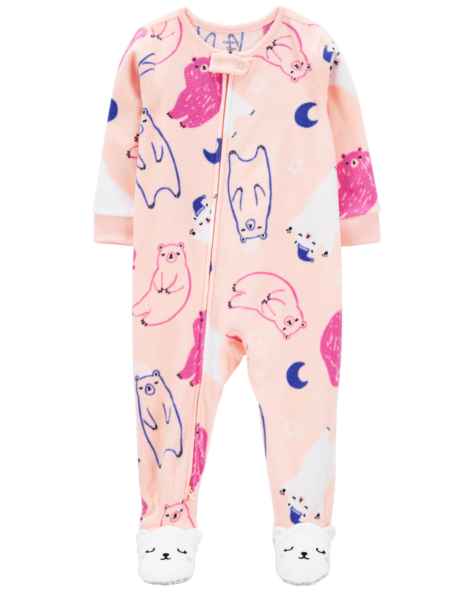 Pijama una pieza de micropolar, con pie, rosado, diseño osos. Talles 12-24M Sin color