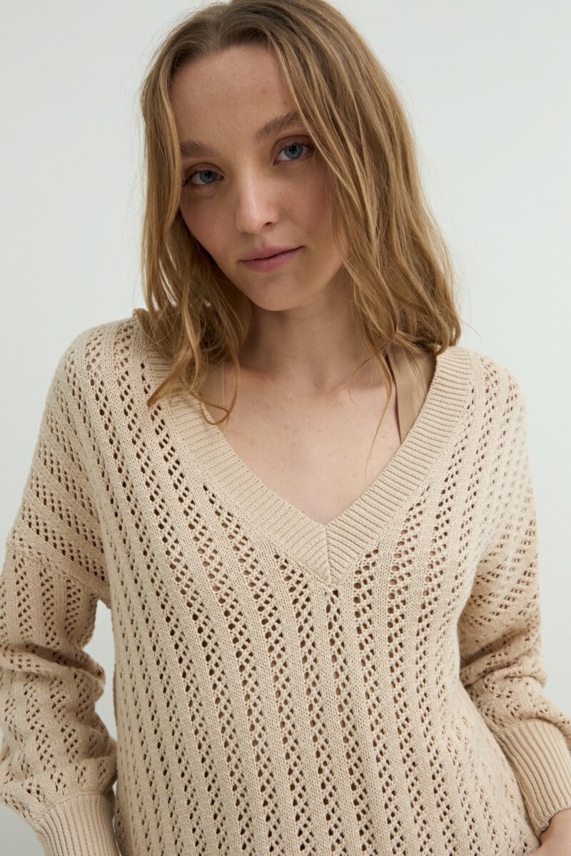 Sweater escote V calado BEIGE