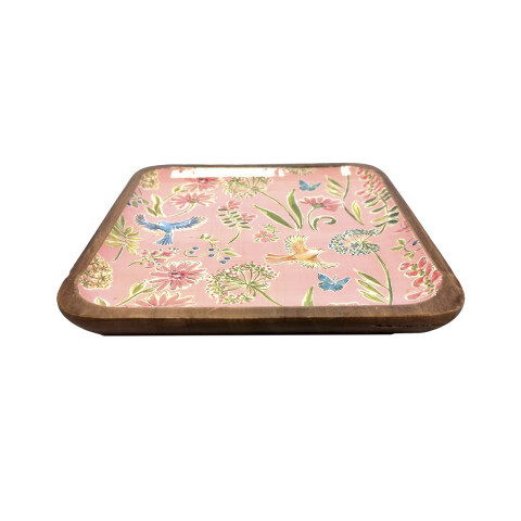 Plato de Madera de 16,5 x 16,5 cm Pajaros Rosa
