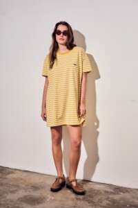 Vestido Manga Corta Rayado Amarillo