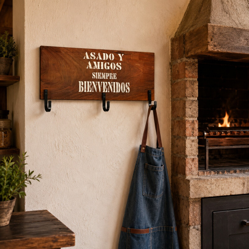 Perchero Rústico en Madera Eucalipto Rojo y Gancho de Hierro Asado y Amigos Siempre Bienvenidos- Grande Perchero Rústico en Madera Eucalipto Rojo y Gancho de Hierro Asado y Amigos Siempre Bienvenidos- Grande