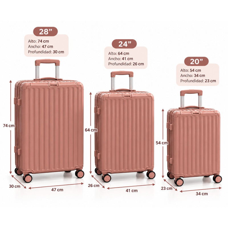 Set de Valijas Rígidas x3 con Ruedas 360° – Equipaje de Viaje Rosada