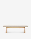 Banco Topaz de chenilla beige y madera maciza de fresno con acabado natural 150cm FSC 100%