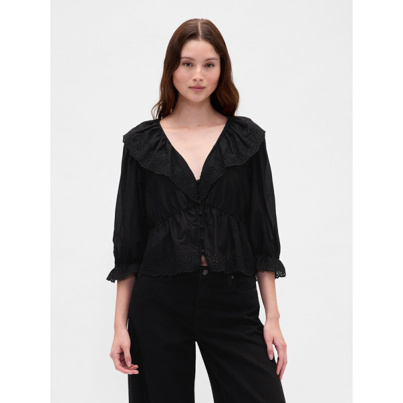 LS RUFFLE COLLAR TOP TRUE BLACK