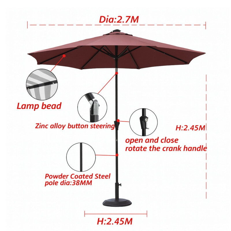 Sombrilla de Patio 2.7 m con Inclinación, Tela UV Impermeable y Base Incluida Sombrilla de Patio 2.7 m con Inclinación, Tela UV Impermeable y Base Incluida